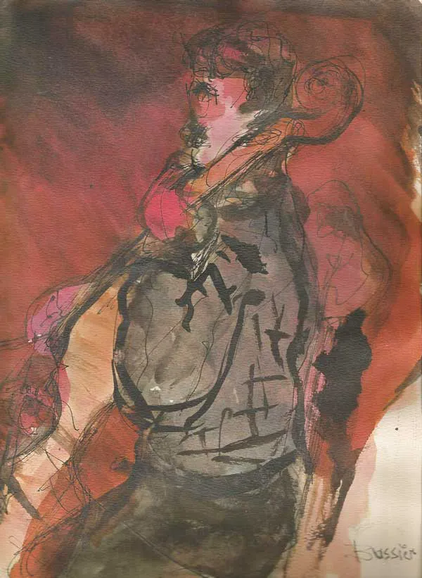 Yves Bussières, Violoncelliste du goupe Hémiole, encre, 1988
