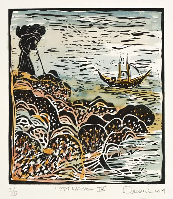 René Derouin, Largage IV, Linogravure, 2014