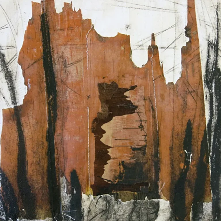 Aline Baron. Nous n’irons plus au bois... Collagraphie sur écorce de bouleau et fil, 2013