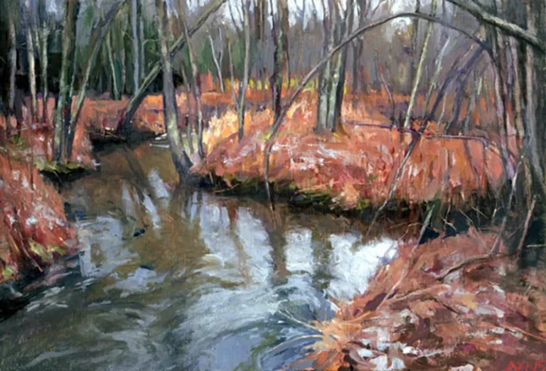 Alain Massicotte. Rivière à l'automne, huile sur bois, 2015